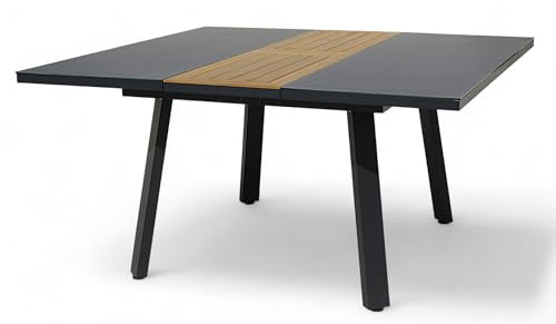 ALEOS. Aluminium Glas Teakholz Gartentisch Ausziehtisch 110 auf 150 cm ausziehbar x 150 cm Tisch Esstisch Glastisch Aluminiumtisch Trinidad mit Ausziehfunktion quadratisch