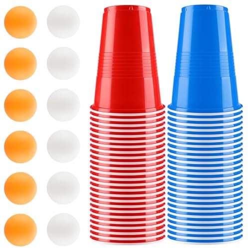 Auauraintt Bierpong Becher Set,Beerpong Partybecher Enthält 50 Becher (16oz) und 12 Tischtennisbälle,mehrwegbecher,Für Party Trinkspiele,Party Geburtstag Festivals Hochzeit Camping