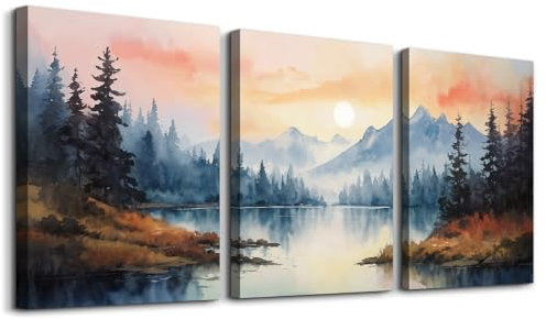 MHARTK66 Aquarell Wald Leinwand Bilder Set Wohnzimmer, Sonnenuntergang Seewasser Wandbilder Schlafzimmer, Herbst Berg Landschafts Bilde Aesthetic, Modern Wandeko Wandkunst Badezimmer Flur Büro