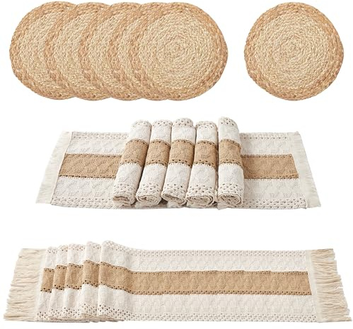 Denique Lot de 6 sets de table bohèmes tissés à la main en toile de jute et coton naturel avec 1 chemin de table macramé en toile de jute 30,5 x 177,8 cm