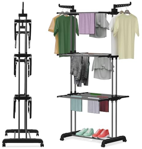 4 Tier Clothes Airer - Foldable Clothes Drying Rack Indoor & Outdoor - Moveable Cloth Drying Rack Laundry with Wheels - 74 X 49 X 170cm Adjustable Stainless Steal Airer Dryer Rack