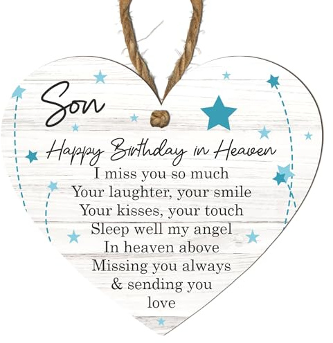 Gedenktafel in Herzform - individuelle Hommage für Papa, Mama, Freund, Bruder, Opa, Ehemann, Sohn, Stiefvater, Onkel - Happy Birthday in Heaven Erinnerungsgeschenk (Son, Small:10cm(H) × 9cm(B))