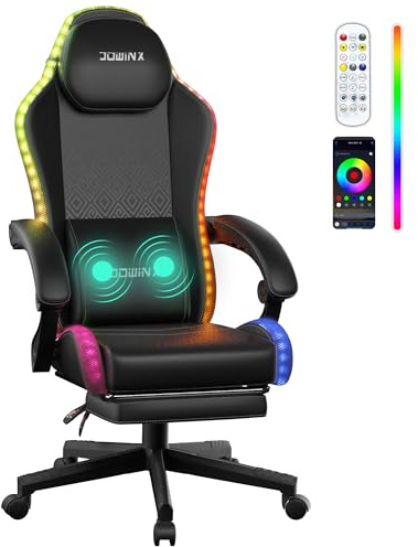 Dowinx Gaming Stuhl mit RGB Lichtern, LED Gaming Chair mit Fußstütze für Erwachsene, Ergonomischer Gaming Stuhl mit Massage Lendenwirbelstütze, Video Game Stuhl PU Leder Schwarz