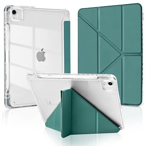 MuyDouxTech Coque pour iPad Air 11 M4/M3/M2 (2026/2025/2024), iPad Air 5/4 2022/2020 10,9 avec Porte-Stylet, Support Vertical et Horizontal 5 Angles Pliables, Dos Transparent Antichoc, Vert Nuit