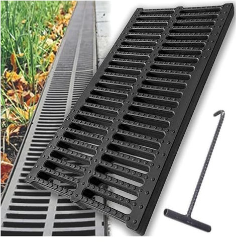 Trough Type Drainage Ditch,Trough Guttering，Drain Cover Sewer Grate for Driveway, Outdoor Garden Resin Plastic Trench Channel Grate Sewer Strainer, Trench Drain System with Steel Manhole Cov