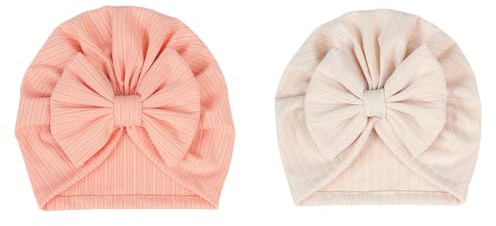 Hrlace 2 Stück Babymütze Neugeborene Babymütze Weiche Baby Turban Mütze mit Schleife Infant Beanie Mütze Säugling Mädchen Jungen Mütze für Baby Neugeborene Kleinkinder Schneesprosse + Beige