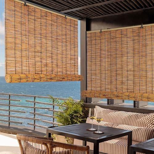 Natural Bambusrollo，Retro Schilf Vorhang Rollo Bambus，Sonnenschutz Bambus Vorhänge，70% Verdunkelung，Privatsphäre Bambus Rollos，Einfache Installation Für Terrasse, Balkon Und Außenbereiche(70x220cm)