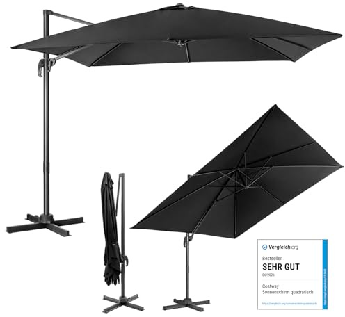 COSTWAY Sonnenschirm 300 x 300 cm quadratisch, Ampelschirm mit Kurbel | 360° drehbar, Gartenschirm neigbar, großer Terrassenschirm, Marktschirm für Garten, Terrasse, Schwarz
