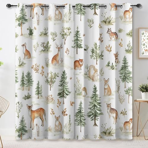 Verdunkelungsvorhänge Blickdicht Cartoon Wald Tier H200 x B 70 cm 2er Pack Ösenvorhänge Grün Braun Waldtiere Hirsch Fuchs Eichhörnchen für Kinderzimmer Wohnzimmer Balkon