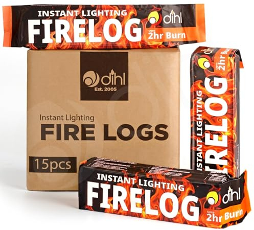 Dihl 15 x Smokeless Instant Lighting Fire Logs | 15 Individually Wrapped Firelighters, For Garden Chimineas, Open Fire, Wood Burning Stoves, Environmentally Friendly