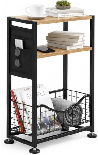 ZEXVIDA Kleiner Beistelltisch mit Zeitschriftenhalter, 3-stufiger Schlanker Seitentisch für Kleine Räume, Schmaler Beistelltisch für für Wohnzimmer, Schlafzimmer, Arbeitszimmer (Eiche)