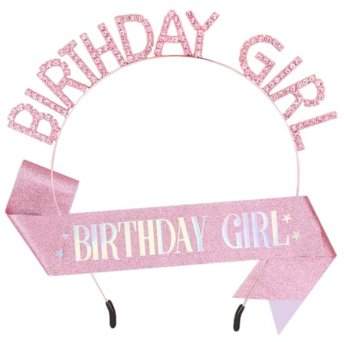 Leixi Birthday Girl Sash & Tiara Crowns for Women,Princess Rhinestone Headband Birthday Gifts for Girl Women (Pink)