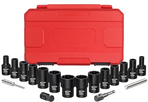 GETLITOOL Set 14pz 1/2 Dado Remover Estrattori per Dadi e Bulloni Danneggiati con Barra e Adattatore 3/8 a 1/2, Corredo di Bussole per Rimozione Bulloni Viti con Valigetta per Riparazione DIY
