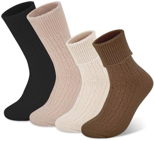Beaulov 4 Pares Calcetines Termicos Mujer de Lana Merino Calcetines Mujer Invierno con Puño Volteable Calcetine Altos Lana Novelty, Regalo para Damas