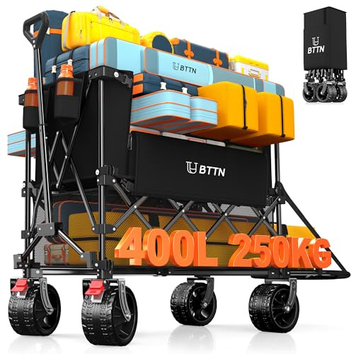 BTTN 400L Double Decker Folding Festival Trolley, 250kg Heavy Duty Extra Long Wagon with Tailgate, Big All-Terrain Wheels with Brakes, Large Utility Cart for Camping, Sports & Shopping, Black