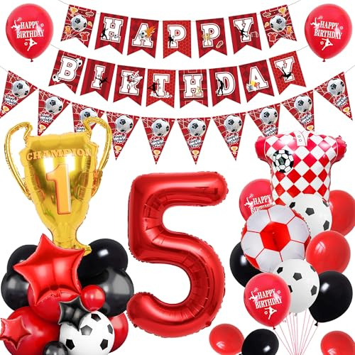 Fussball Deko Geburtstag Kinder 5 Jahre Junge - Fußball Geburtstagsdeko Luftballons Happy Birthday Girlande, Wimpel und Folienballon für 5. Kindergeburtstag Sport Party Dekoration