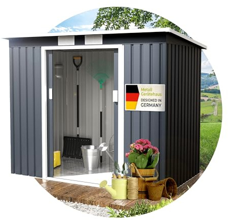 Athelon Geräteschuppen | Gartenhaus mit Doppelschiebetüren | Metall-Gerätehaus, Gartenschuppen 213×130×173 cm | Gerätehaus, Fahrradgarage aus verzinktem Stahl | Geräteschuppen Metall (L)