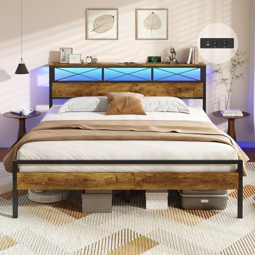 DICTAC Doppelbett 180x200 mit LED Beleuchtung & Steckdose – Bettgestell mit USB-Ladestation, Stauraum (31.5 cm) & Metall Lattenrost – Inkl. Kopfteil