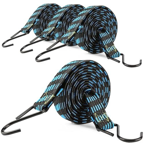 Spanngummi mit Haken, 200cm Lang Gummi Gepäckspanner Spannseile mit Metallhaken 4 Stück, Extra Stark Flach Blau Gummiseile Spanngurte Expander Breit für Fahrrad Motorrad Planen Fahrradkorb