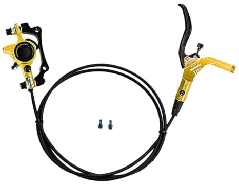 HZXQCVB 2-Kolben- Hydraulik-Scheibenbremsen-Set Links/Rechts Vorne 850mm Mountainbike-Bremse Hebel Aus Aluminiumlegierung Mit Vorderem Bremssattel Und Montageadapter(Gold,Right)
