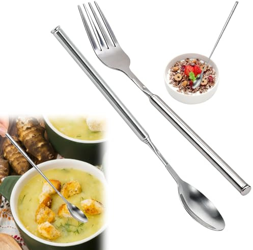 Cuchara de tenedor extensible, tenedor retráctil de acero inoxidable, tenedores telescópicos de mango largo, nuevo juego extensor para cena, postre, barbacoa (tenedor + cuchara)