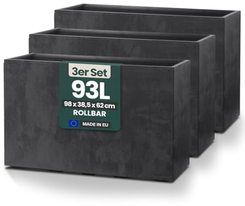 Kreher® XXL Sichtschutz Pflanzkasten hoch 93L - 98x38,5x62 cm - doppelwandig & rollbar, mit Entwässerungsstopfen - wetterfest - Naturstein Optik (3, Anthrazit)