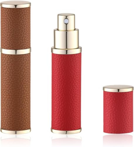 Lulupack Travel Perfume Atomiser Refillable - Leather Mini Perfume Refill Spray Bottles - Small Travel Size Portable Fragrance Bottle - Empty Cologne Filler Atomiser 10ml 2PCS Red Brown