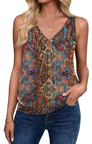 Zeagoo Womens Tank Tops Loose Fit V Neck Ruched Sleeveless Tops Casual Basic Banded Shirts Yellow Red Green Floral S