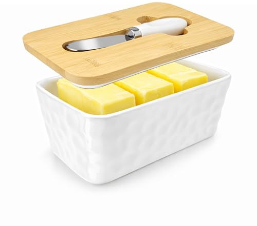 Butterdose Keramik 350 ml mit Holzdeckel & Buttermesser, Große Butterglocke aus Porzellan, Luftdicht & Frische-haltend, Butterdose für 250–300 g Butter, Ideal für Küche, Haushalt & Tischdeko (Weiß)