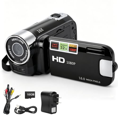 Camcorder Video Camera with 16GB SD Card, 1080P Mini DV Camcorder 16MP, 2.7 Rotating Screen, 16X Digital Zoom, Built-in LED Fill Light, USB Digital Video Camera for Beginners Kids Travel Vlogging