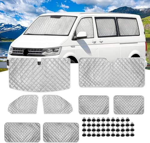 8PC Auto Thermomatte Set für VW T5/T6 LWB – Interner Sonnenschutz & Verdunkelung für Frontscheibe + Seitenscheiben mit Aufbewahrungstasche – Camping Wohnmobil Zubehör