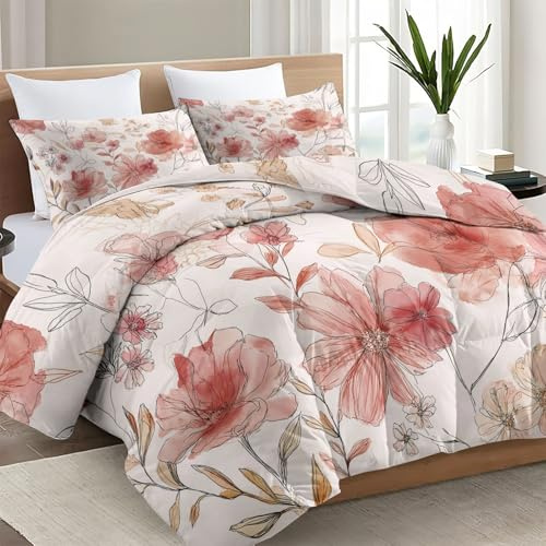 Bettdecke Ohne Bezug 135 x 200 cm, 4 Jahreszeiten Wende Steppdecke - Retro Aquarell Pflanzen Blumen Linien Ganzjahresdecke - Rosa Warme und Weiche Gewaschene Baumwolle mit 2 Kissenbezug