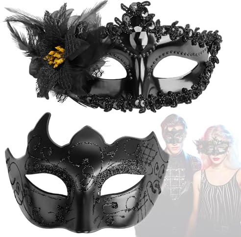 Yooyan 2 Stück Venezianische Masken für Paare, Maskerade Masken Set Schwarz, Maskenball Maske Spitze Schwarz Faschingsmasken Sexy Augenmaske für Karneval, Halloween & Maskenball