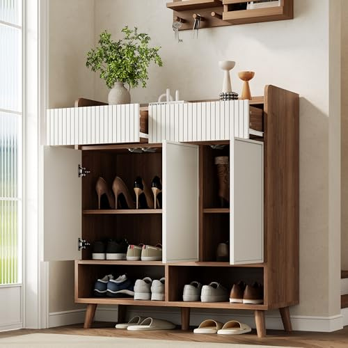 Xwiny Schuhschrank Schmal mit 3 Türen, 2 Schubladen Fächern, Schuhschrank mit Verstellbare Einlegeböden und Stauschränke, Schuhaufbewahrung für Flur Eingangsbereich, Weiß-B, 90x35x100 cm