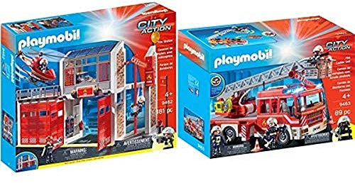 PLAYMOBIL City Action Parque De Bomberos con Efectos De Sonido, A Partir De 4 Años (9462) + City Action Camión De Bomberos con Escalera, Luces Y Sonido, A Partir De 5 Años (9463)