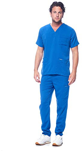 Dagacci Medical Uniform Unisex Women and Men’s V-Neck Super Stretch Scrub Set, Royal, 2XL