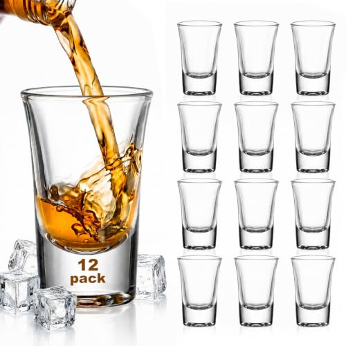 Ruckae 12 Pack 1 OZ Shot Glasses Set with Heavy Base Clear Shot Glasses Bulk for Vodka Tequila Whiskey Liquor