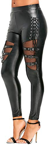 Nihsatin Fishnet Trim Lace Up PU Leather Pants Thin Lightweight Gothic Punk Leggings for Women Black