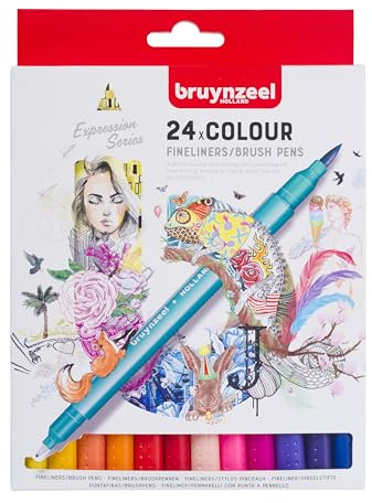 Bruynzeel Creatives Fineliner/Pinselstifte-Set mit 24 Farben | Dual-Tip-Stifte zum Schreiben und Zeichnen sowie für Malbücher für Erwachsene