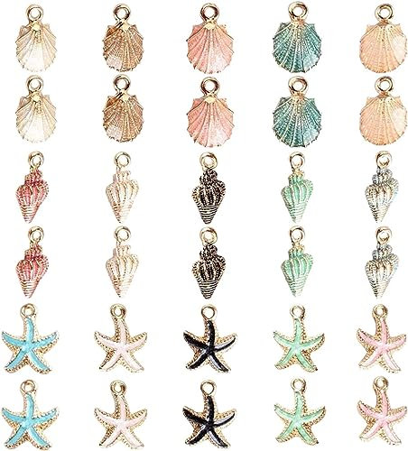 30 Stücke Gemischte Emaille-Charm-Anhänger, Vergoldete Muschel Seestern Charms, Zubehör für Halskette Armband Ohrringe DIY Schmuck Machen