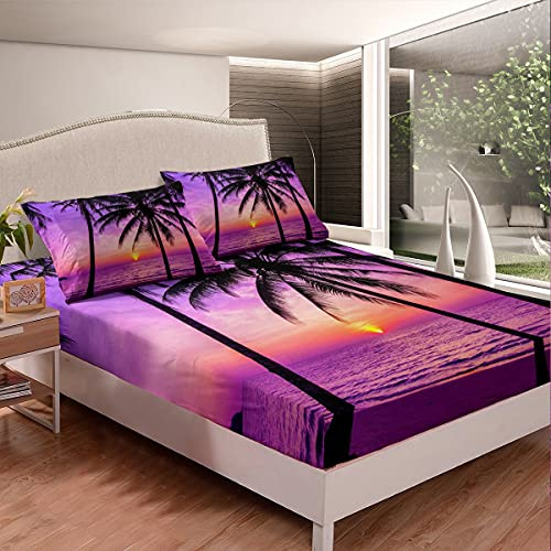 Set di lenzuola con palme tropicali sul mare, set di biancheria da letto oceano, marino, paesaggio hawaiano, viola con angoli e 1 federa 2 pezzi biancheria da letto singolo