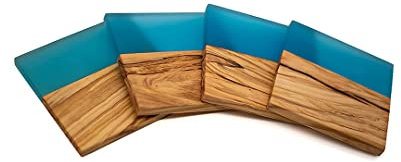 Eponox® Sottobicchieri quadrati per bicchieri, set da 4 pezzi, in legno d'ulivo con resina epossidica per bevande, tazze, vetro, bar – Sottobicchiere epossidico