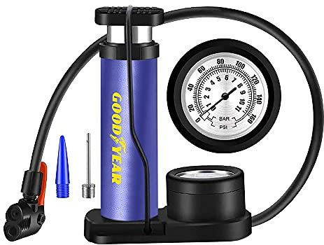 Goodyear Multi-Purpose Foot Pump | Made from Aluminum Alloy | Size: 45mm x 180mm | Suitable to pump bicycle tyres, car tyres and inflatable toys | Accurate Pressure Gauge | Easily read pressure gauge.