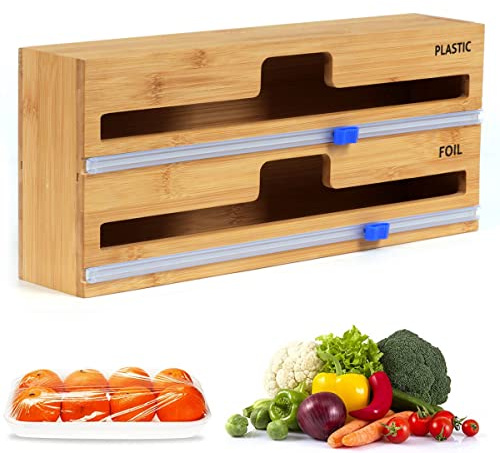 BERRYLION 2-in-1-Spender mit Schneider, Kunststofffolie, Aluminiumfolie und Wachspapierspender für Küchenschublade, Bambusrollen-Organizer, kompatibel mit 30,5 cm Rolle, 5,6 cm hoch