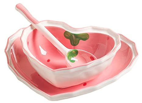 BESTonZON Dessertschalen aus Keramik Teller: Süße Herzform Salatschüssel Erdbeer Porzellanteller mit Löffel Müslischalen Vorspeise Beilage für Suppe Snacks Rosa