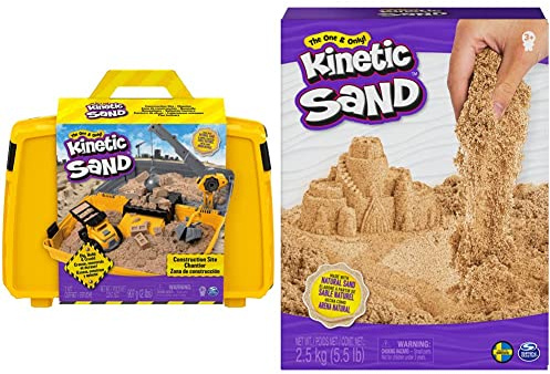 Kinetic Sand Baustellen Koffer - mit 907 g magischem Schweden, Baustellenfahrzeug und Zubehör für Indoor-Sandspiel, ab 3 Jahren & - original magischer Schweden, naturbraun, 2,5 kg, ab 3 Jahren