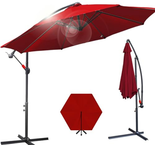 Joparri Sonnenschirm Rot Ø 350 cm mit Kurbel| Ampelschirm mit Ständer | Gartenschirm Sonnenschutz UV-Schutz Aluminium | Kurbelschirm Marktschirm wasserdicht