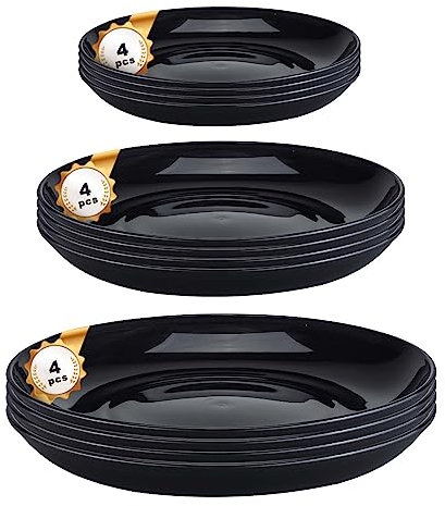 Pleafind Dinner Plates set of 12, Plastic reusable, 3 Size include Plates, Salad Dessert Dishwasher and Microwave Safe Party Lightweight Unbreakable, BPA-Free, Black