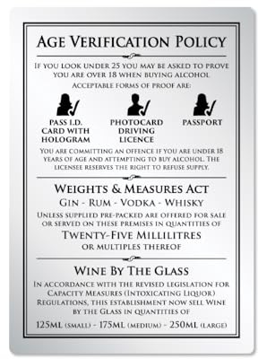 25ml 3 in 1 Alcohol Law Sign Silver Pub Bar Restaurant Licensing Notice Under Age Wine Underage