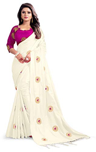 BishtHub Fashion Sari de fiesta india de seda para mujer con pieza de blusa sin costuras -(3002.white)